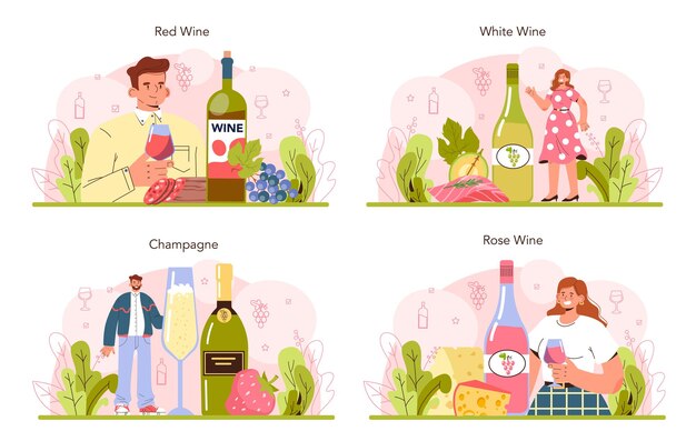 Concepto de vino establecer vino de uva en una botella y vaso lleno de bebida alcohólica