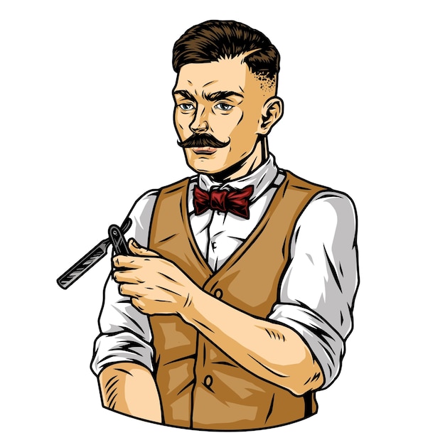 Concepto vintage de barbero elegante con bigote con chaleco de pajarita camisa y sosteniendo una navaja de afeitar aislada ilustración vectorial