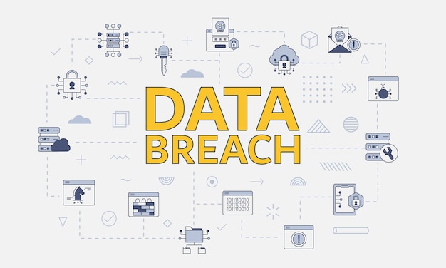 Vector concepto de violación de datos con conjunto de iconos con palabra grande o texto en el centro