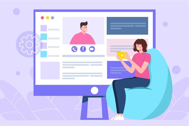 Concepto violeta de videoconferencia con escena de personas en el estilo de dibujos animados planos