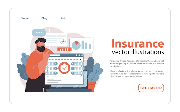 Vector concepto de visión general de los seguros que analiza los datos y los detalles de las pólizas para tomar decisiones informadas sobre la cobertura