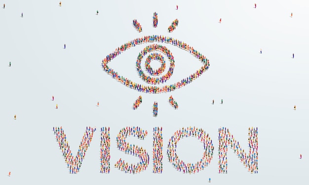 Concepto de visión. Un gran grupo de personas se forma para crear la forma de la palabra Visión y un icono de ojo