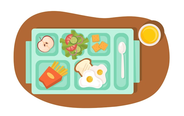 Concepto de vista superior de la comida del almuerzo Bandeja azul de plástico con papas fritas tostadas con ensalada de huevos con tomates y manzana con galletas Preparado para comer en la mesa Ilustración de vector plano de dibujos animados