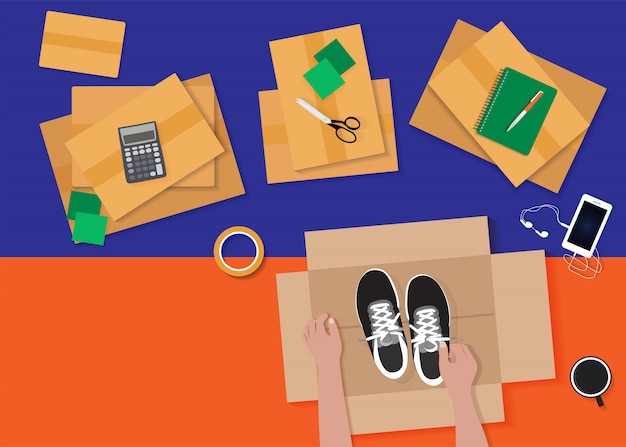 Concepto de vista superior preparándose para mover el producto. ilustración vectorial