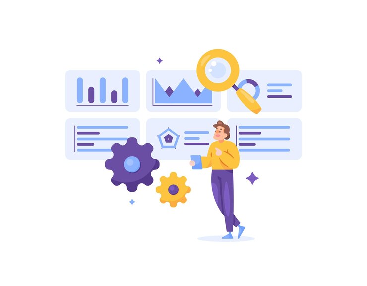 Vector concepto de visualización y análisis de datos o ilustración de un analista de datos analizando datos comerciales