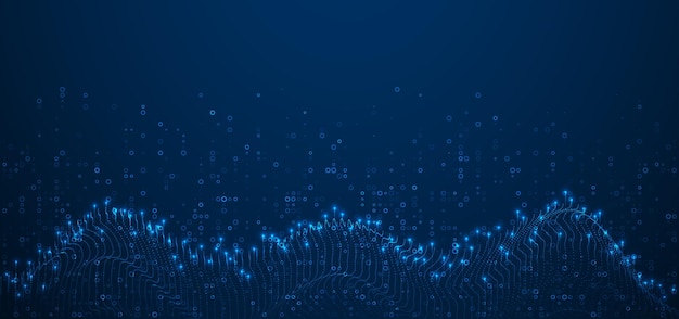 Concepto de visualización de big data Onda dinámica sobre fondo azul Ola de partículas
