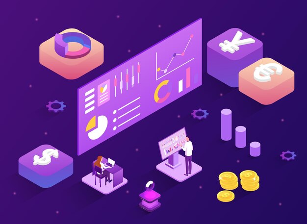 Concepto de visualización de datos un hombre recopila datos construye gráficos gráficos y tablas y una mujer trabaja