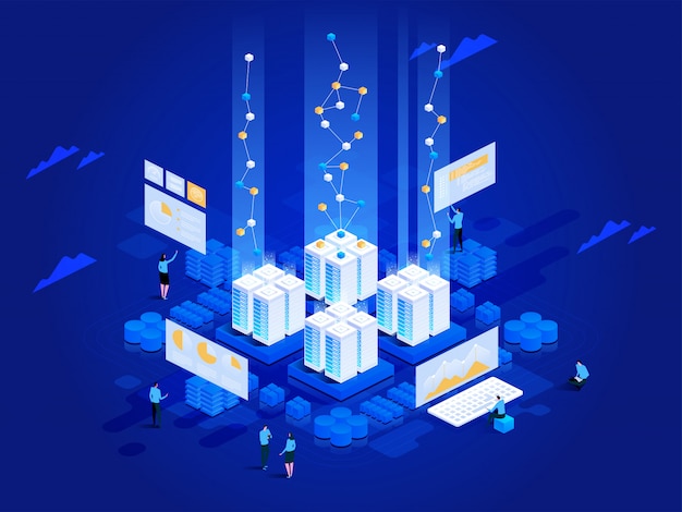 Concepto de visualización de datos. Ilustración de vector isométrica 3d