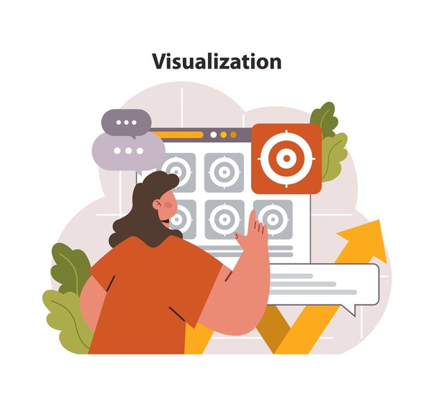 Concepto de visualización una mujer enfocada interactúa con un tablero digital que muestra múltiples objetivos