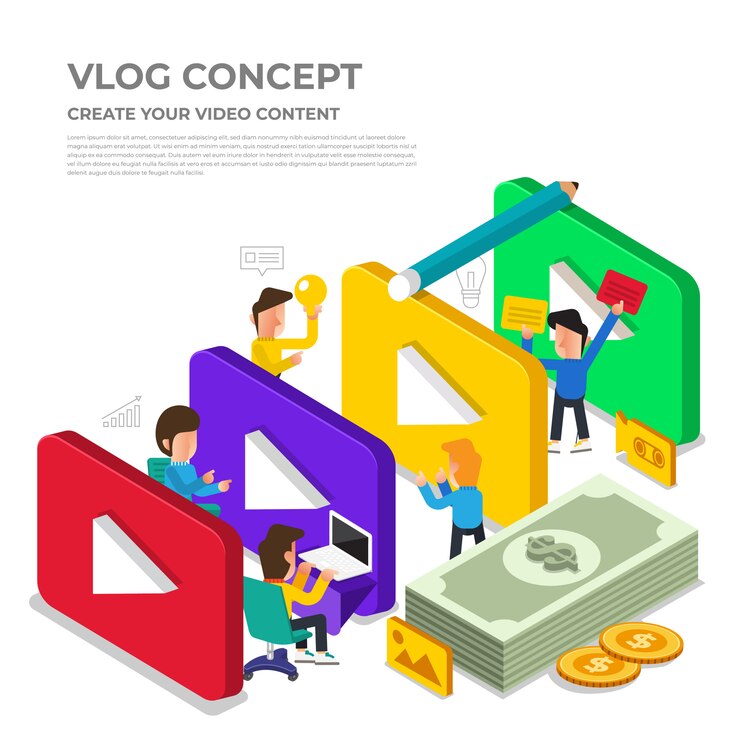 Vector concepto de vlog de diseño plano. crea contenido de video y gana dinero. ilustrar