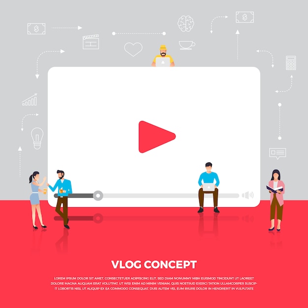 concepto de vlog. El equipo desarrolla el video del canal en línea. ilustrar.