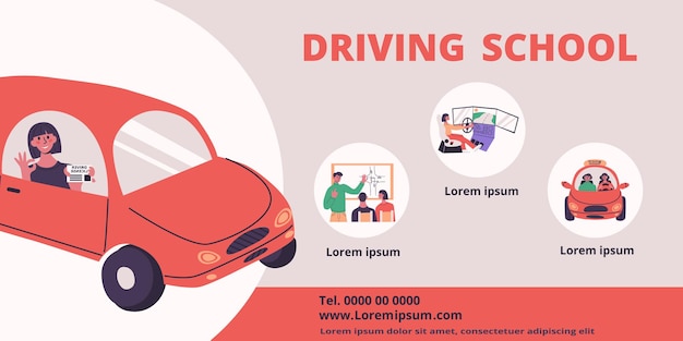 Concepto de volante de la escuela de manejo Mujer joven en un pequeño auto rojo que muestra su licencia de conducir Vector plano