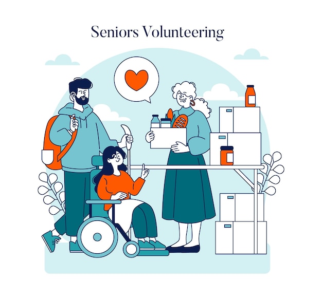 Concepto de voluntariado para personas mayores las personas de edad avanzada participan en servicios comunitarios que muestran la interacción intergeneracional