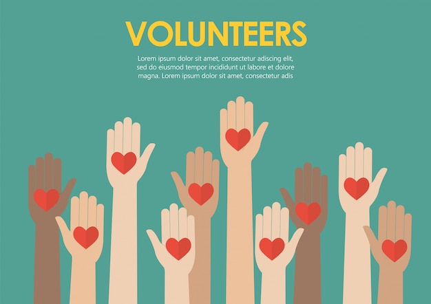 Concepto de voluntarios con las manos levantadas