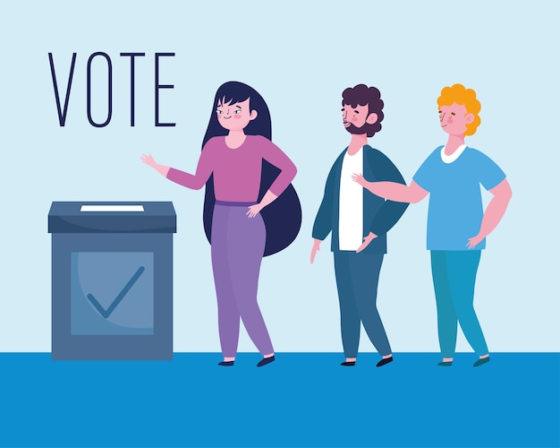 Concepto de votación y elección, hombre y mujer hacen fila para votar