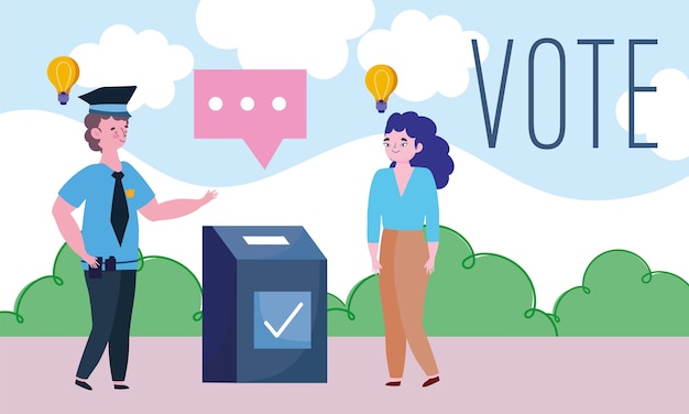 Concepto de votación y elección, mujer joven en el lugar de votar
