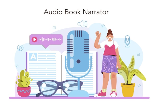 Concepto de voz en off. Actor de doblaje de doblaje de una película o serie. Narración de libros de audio. Personaje hablando por el micrófono en el estudio. Ilustración vectorial plana