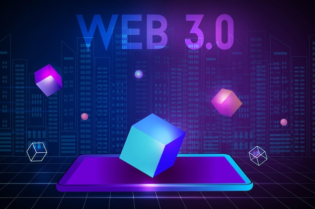 Concepto web 3.0, tipografía web 3.0 sobre fondo azul, sitio web de nueva versión usando blockchain