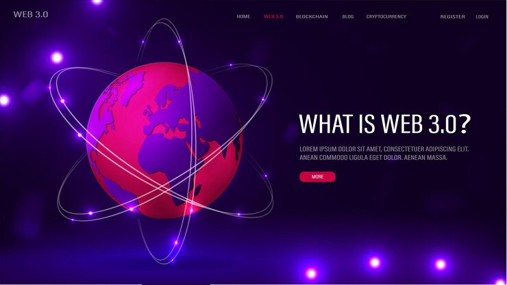 Vector un concepto para web 30 con texto sobre un fondo morado y azul globo rosa 3d con un mapa mundial con luces de neón