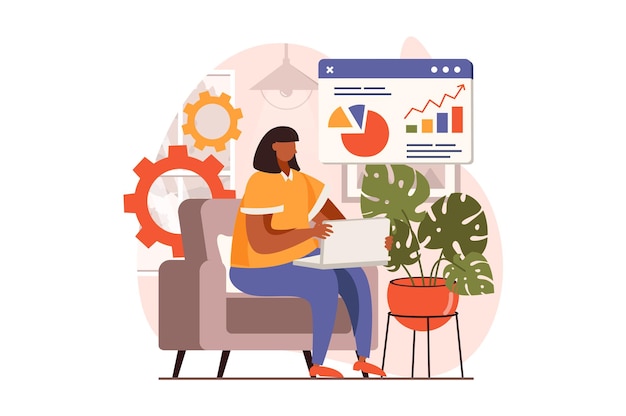Concepto web de actividades comerciales en diseño plano Mujer analiza estadísticas de la empresa y hace