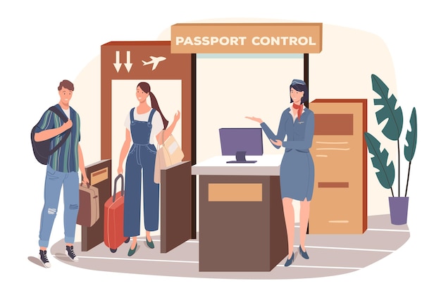 Concepto web aeropuerto. Los pasajeros reciben el control de pasaportes y se embarcan en el avión. La pareja viaja juntos. Servicio de seguridad