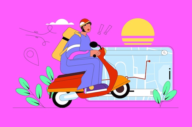 Concepto de web de alimentos de entrega con escena de personajes el mensajero viaja en moto y lleva el pedido para el mapa de ruta de seguimiento del cliente situación de las personas en diseño plano ilustración vectorial para material de marketing