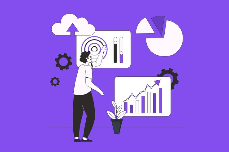 Vector concepto web de análisis iot con escena de personajes en diseño plano personas que procesan datos recopilados de diferentes dispositivos iot utilizando tecnología en la nube ilustración vectorial para material de marketing en redes sociales