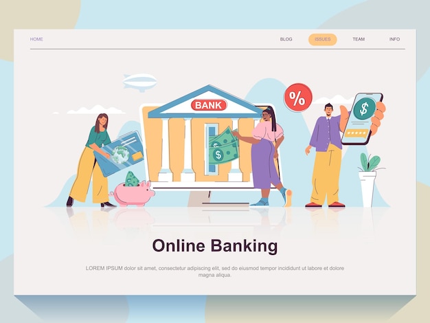 Concepto web de banca en línea para página de inicio en diseño plano Hombre y mujer que usan computadora y aplicación móvil para contabilidad y control de saldo Ilustración vectorial con escena de personas para la página de inicio del sitio web