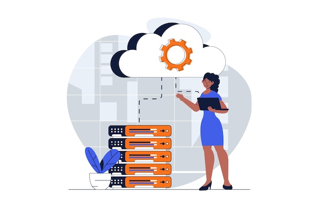 Concepto web de centro de datos en la nube con escena de personaje Mujer que trabaja con computación en la nube y servicio de base de datos Situación de personas en diseño plano Ilustración vectorial para material de marketing en redes sociales
