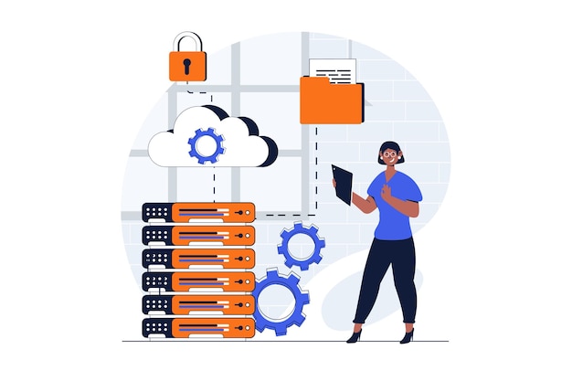 Concepto web de centro de datos en la nube con escena de personaje mujer que trabaja en la sala de hardware de servidores y alojamiento situación de personas en diseño plano ilustración vectorial para material de marketing en redes sociales