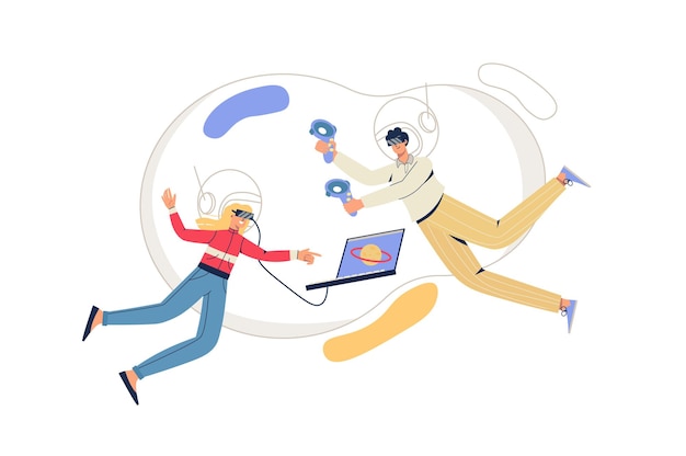 Concepto web del ciberespacio. Hombre y mujer con gafas Vr vuelan en realidad virtual. Juegos interactivos, entrenamientos con tecnologías modernas escena mínima de personas. Ilustración de vector de diseño plano para sitio web