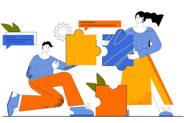 Concepto web de colaboración y trabajo en equipo. Los colegas trabajan juntos. Hombre y mujer sosteniendo rompecabezas, metáfora de la comunidad, éxito empresarial.