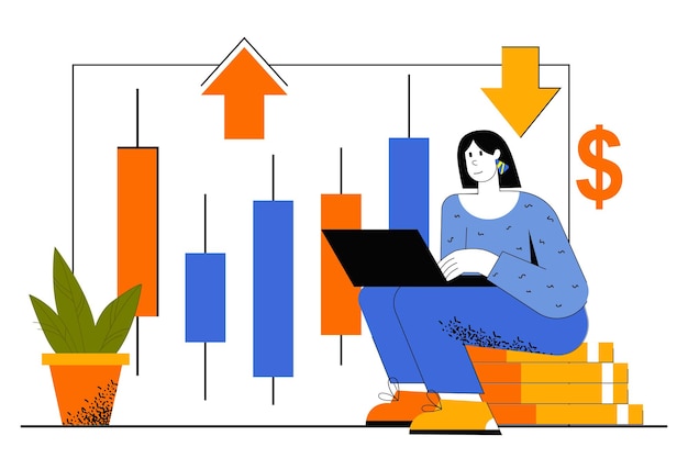 Concepto web comercial. La mujer realiza transacciones exitosas con instrumentos financieros en el mercado de valores, gráfico de datos de análisis, obtiene ganancias.