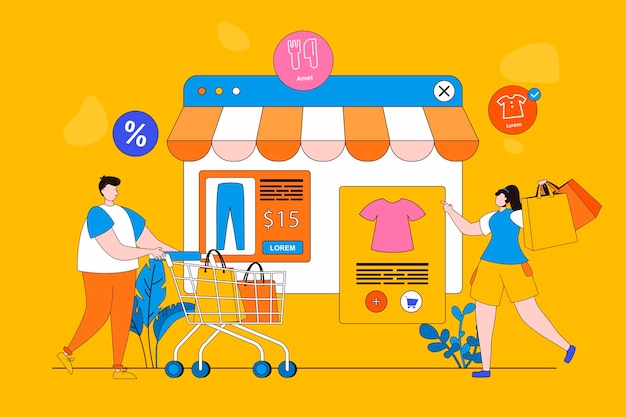 Concepto web de compras en diseño plano 2d Hombre y mujer están comprando en la tienda Compradores haciendo compras