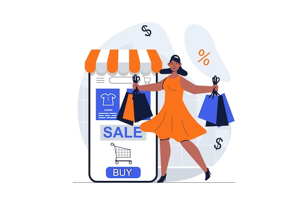 Vector concepto web de compras con escena de personaje mujer haciendo compras y pedidos en línea en aplicaciones móviles situación de personas en diseño plano ilustración vectorial para material de marketing en redes sociales