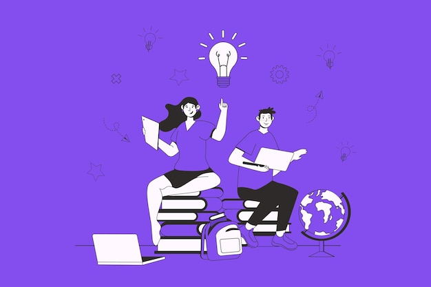 Concepto web de conocimiento con escena de personajes en diseño plano Personas leyendo diferentes libros para mejorar habilidades y prepararse para el examen de graduados Ilustración vectorial para material de marketing en redes sociales