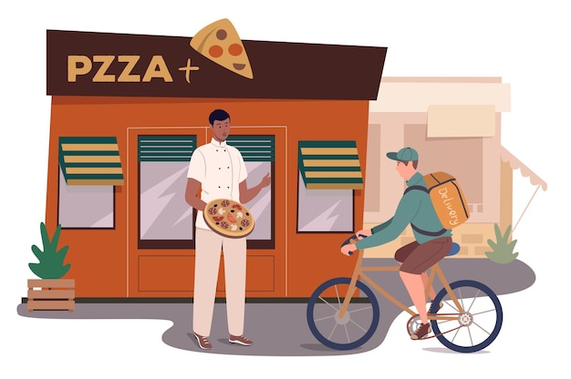 Concepto de web de construcción de restaurante pizzería. Chef hizo pizza, de pie en la entrada. El mensajero entrega el pedido de comida al domicilio del cliente.