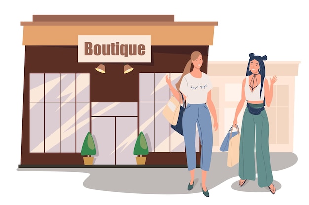 Concepto de web de construcción de tienda boutique. Dos mujeres comprando ropa elegante en la tienda. Novias reunidas y comprando juntas