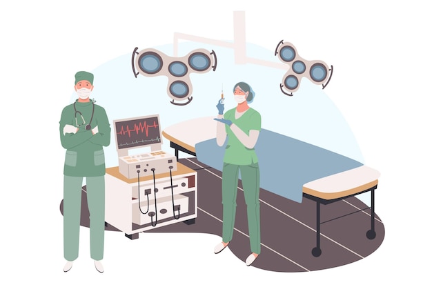 Vector concepto de web de consultorio médico. el cirujano y el asistente se preparan para la operación, se paran en la sala quirúrgica con camilla, sistema de monitoreo