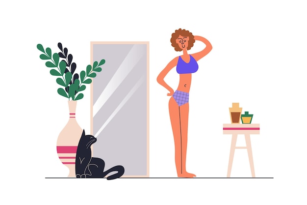 Concepto de web de cuerpo positivo con escena de personas en diseño plano Bella mujer delgada en ropa interior posando y mirándose amorosamente a sí misma en el espejo Ilustración vectorial con situación de personaje para web