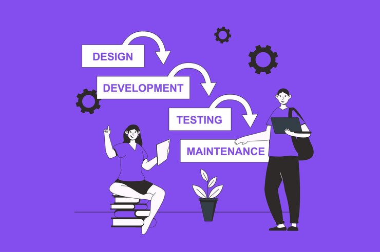Vector concepto web de desarrollo de cascada con escena de personajes en diseño plano las personas usan un plan de visualización de datos con pasos para programar el flujo de trabajo ilustración vectorial para material de marketing en redes sociales