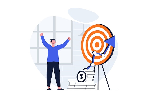 Concepto web de destino de negocio con escena de personaje El hombre que golpea el objetivo logra resultados de trabajo y aumenta las ganancias Situación de la gente en diseño plano Ilustración vectorial para material de marketing en redes sociales
