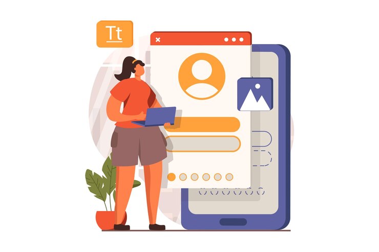Vector concepto web de diseñadores de ui y ux en diseño plano mujer creando y optimizando el diseño de la interfaz para aplicaciones de teléfonos inteligentes y trabajando en la computadora en la oficina ilustración vectorial con escena de personas