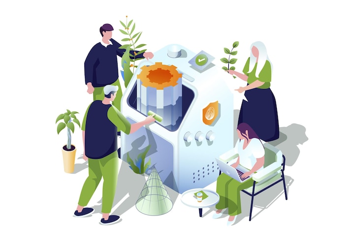 Vector concepto web del equipo de desarrolladores en diseño isométrico 3d personas que desarrollan software trabajando juntos en proyectos que corrigen errores y optimizan la comunicación del trabajo en equipo de dispositivos ilustración web vectorial