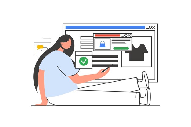 Concepto web de esquema de compras en línea con escena de personaje mujer eligiendo bienes y haciendo compras situación de personas en diseño de línea plana ilustración vectorial para material de marketing en redes sociales