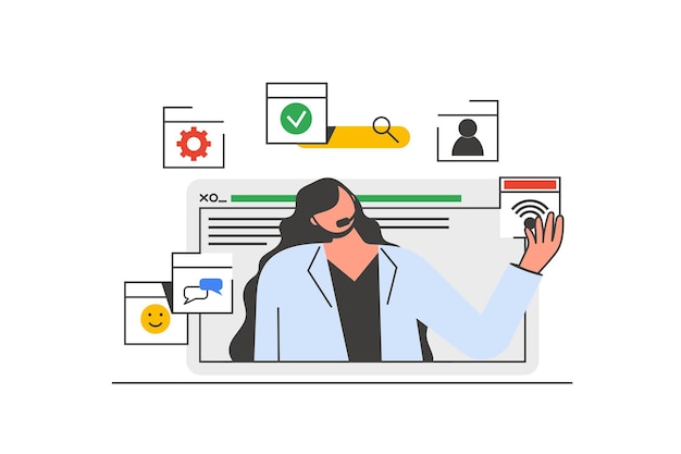 Concepto web de esquema de servicio al cliente con escena de personaje Mujer consultando clientes y ayudando en línea Situación de personas en diseño de línea plana Ilustración vectorial para material de marketing en redes sociales