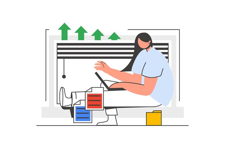 Vector concepto de web de esquema de trabajo de mujer con escena de personaje mujer de negocios haciendo tareas en la computadora portátil en línea situación de personas en diseño de línea plana ilustración vectorial para material de marketing en redes sociales