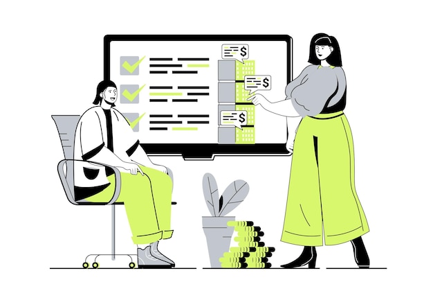 Concepto web inmobiliario con personas de dibujos animados planos para el diseño del sitio web Hombre y mujer eligiendo nuevos apartamentos para alquilar o casa para comprar discutiendo proyectos de vivienda con el corredor Ilustración vectorial