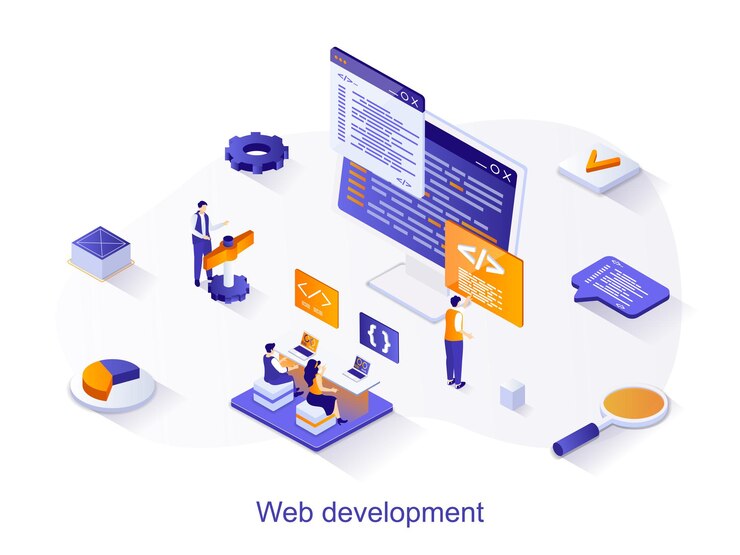 Vector concepto web isométrico de desarrollo web las personas crean y optimizan un trabajo de página web con código