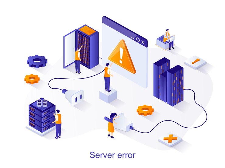 Vector concepto web isométrico de error del servidor personas que trabajan en hardware y software del sitio del problema